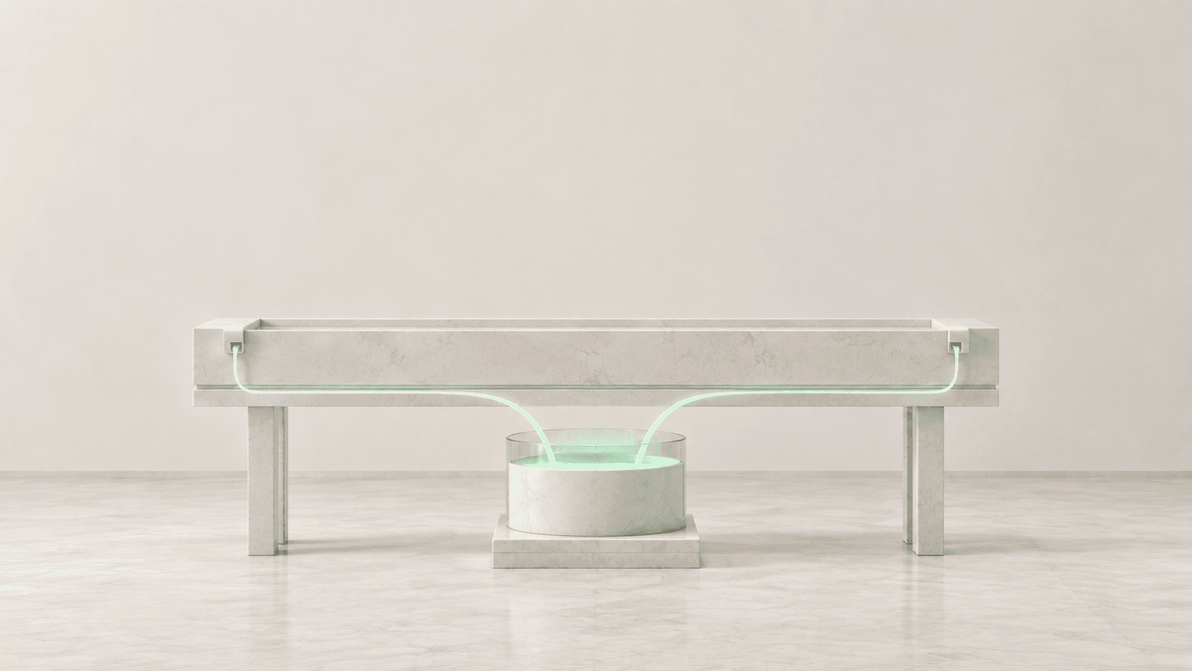 Two streams of mint-green light run from a marble market console into one reserve vessel beneath it.